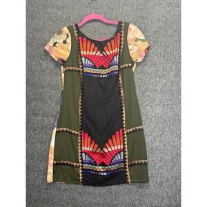 Ranna Gill Embroidered Floral Mixed Media Shift Dress Olive Green Multi 2P